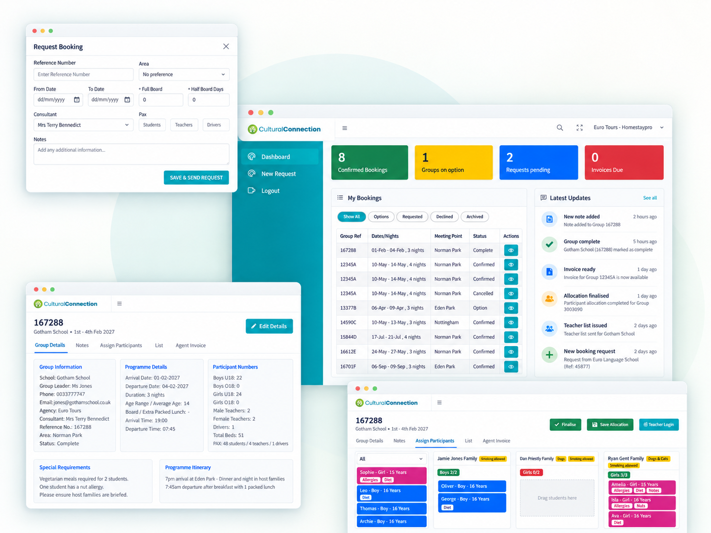 Cultural Connection booking, group management and host allocation screens